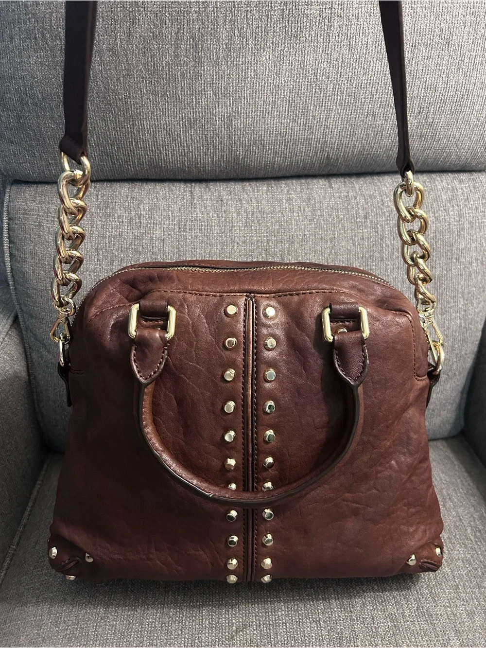 Michael Kors Brown Studded Leather Satchel with leather & chain crossbody strap